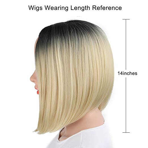 BARSDAR 14" Girl’s Short Ombre Bob Hair Wigs Straight Synthetic Colorful Halloween Cosplay Daily Party Wig for Women Natural Looking Heat Resistant As Real Hair-Black to Blonde